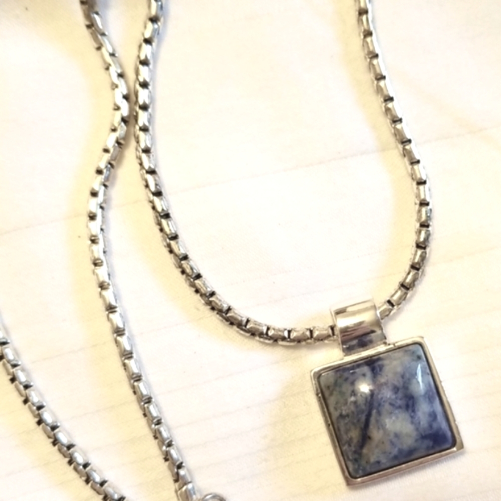 Roman Silver Square Blue Marble Stone Necklace